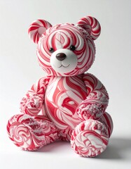 Candy bear Figurine with Red and White Peppermint Swirls on White Background