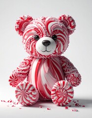 Candy bear Figurine with Red and White Peppermint Swirls on White Background