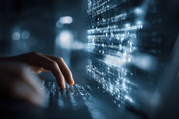 Digital technology theme illustrating data exchange with advanced gigapixel detail highlighting a hand typing on a keyboard surrounded by floating binary code