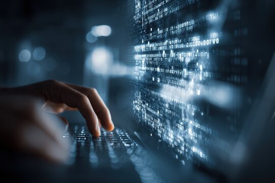 Digital technology theme illustrating data exchange with advanced gigapixel detail highlighting a hand typing on a keyboard surrounded by floating binary code