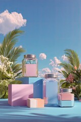 Pastel-toned jars and boxes on a light blue surface, bathed in sunlight, against a vibrant sky filled with fluffy clouds and tropical foliage
