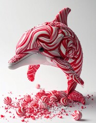Candy dolphin Figurine with Red and White Peppermint Swirls on White Background