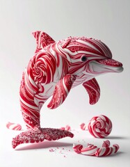 Candy dolphin Figurine with Red and White Peppermint Swirls on White Background
