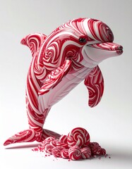 Candy dolphin Figurine with Red and White Peppermint Swirls on White Background