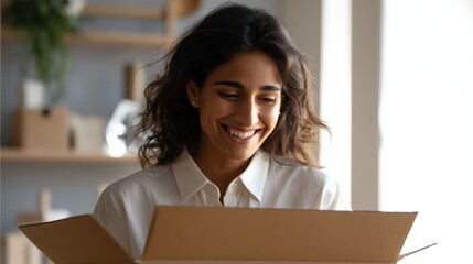 A joyful woman unboxes a package indoors, showcasing surprise and delight in a cozy setting filled with natural light.