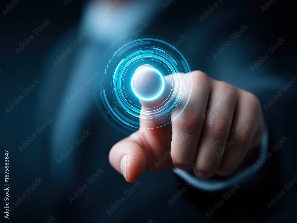 Poster a person in business attire is touching a glowing digital interface, symbolizing technology and inno