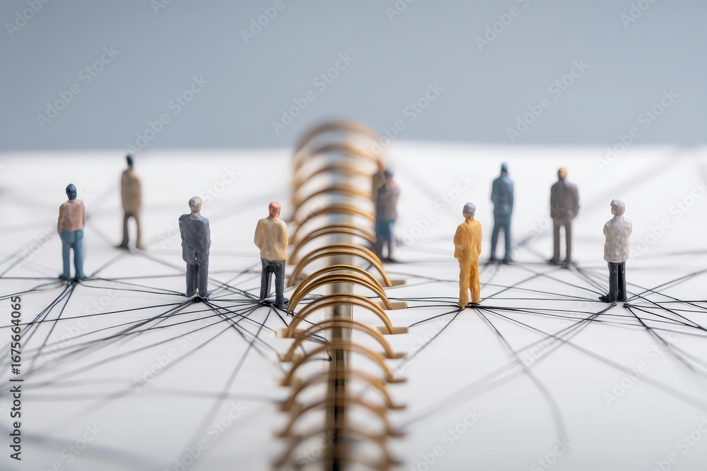Poster a creative depiction of miniature figures on a notebook, connected by lines, symbolizing networking 