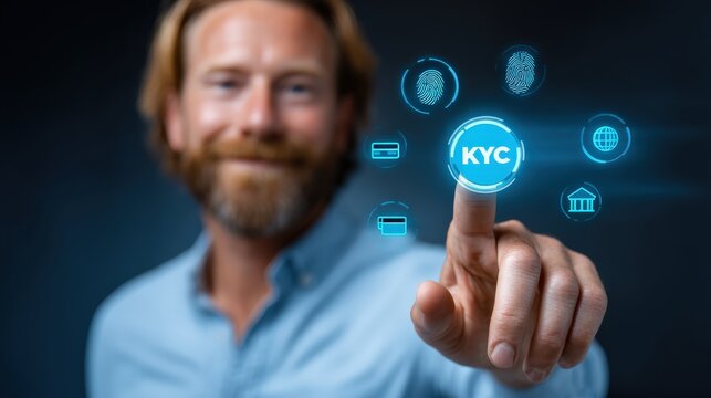A man interacts with a digital interface, highlighting the KYC (Know Your Customer) process with various related icons.