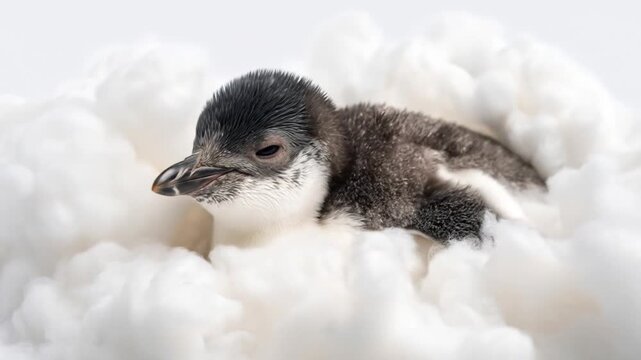 Baby penguin resting in nest