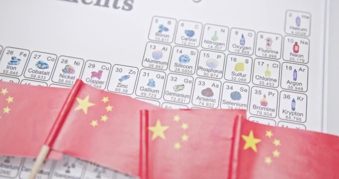 China&rsquo;s export controls on gallium, germanium, and rare earths, US-China trade tensions over strategic resources, global semiconductor and EV supply chain risks: The periodic table with Chinese flags.