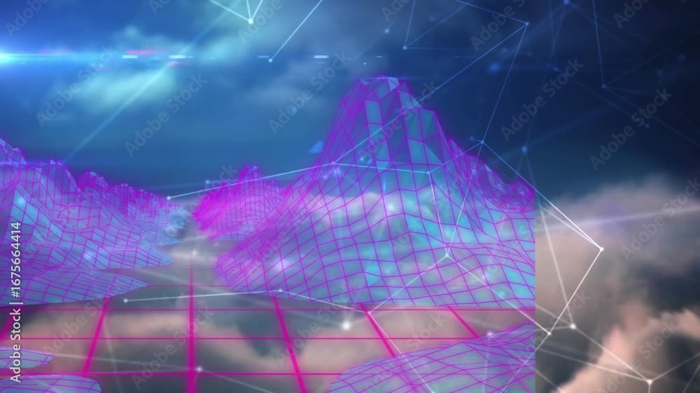 Poster animation of mountains and clouds over network of connections