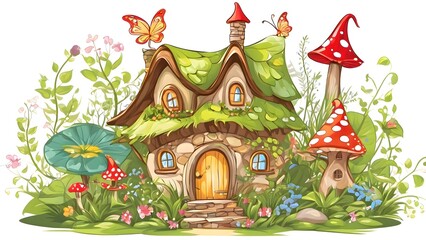 Fototapeta premium Illustration of a fairy house in the garden with mushrooms and butterflies, showing magical whimsical atmosphere, colorful fantasy folklore and enchanted scenery
