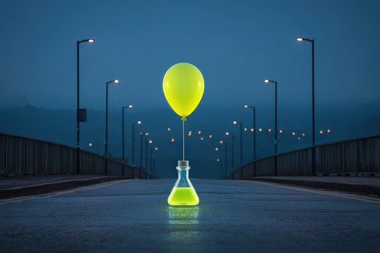 Bright Yellow Balloon Floating Above a Laboratory Flask on a Bridge at Night