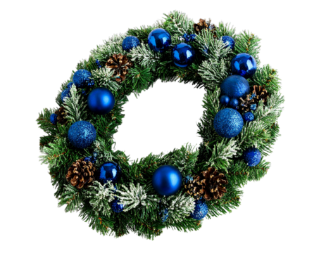 Elegant Holiday Wreath with Blue Baubles and Pinecones, Diagonal Angle, Transparent PNG 