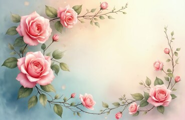 Elegant watercolor painting captures soft pink roses with climbing vines, delicate leaves. Pastel floral artwork with vintage garden flora, romantic blossom, leafy branches create beautiful