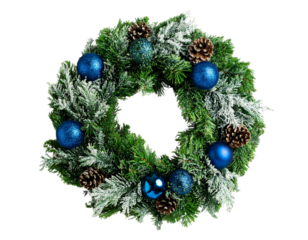 Elegant Holiday Wreath with Blue Baubles and Pinecones, Diagonal Angle, Transparent PNG