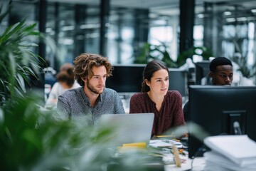 Team collaboration in a modern office environment showcasing diverse individuals working together on a shared project amidst greenery and technology