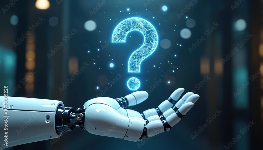 Poster futuristic robotic arm presenting glowing hologram question mark. advanced ai technology, machine in
