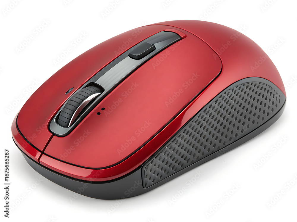 Fototapete a close up shot of a red wireless computer mouse with a scroll wheel on a white background surface