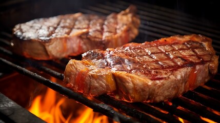 Top view of juicy T-bone steaks sizzling on a charcoal BBQ grill with glowing embers beneath, grill marks crisp and fat edges seared, space on the side for text, full frame,
