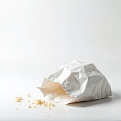 Crumpled white paper bag, partially open, lies on a clean white surface with scattered crumbs. This image suggests themes of disposable packaging, fast food, and waste management.