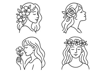 Feminine beauty line art logo set. Woman with flowers in hair. Minimalist female portrait for spa, cosmetics. Natural floral girl head silhouette. Wellness vector collection.