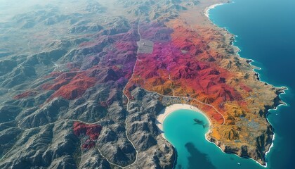 Aerial view GIS map of coastal city development. Shows land use planning, infrastructure, roads, buildings, residential, commercial, industrial zones. Blue ocean meets coastline with arid mountains.