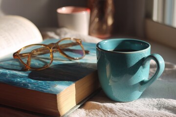 Morning sunlight illuminates a teal mug, an open book, and glasses on a cozy table, creating a tranquil reading atmosphere
