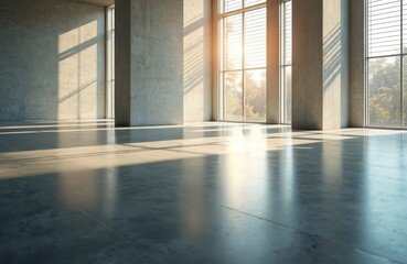 Sunlit modern concrete interior with polished floor reflecting light. Large windows offer views of trees. Clean, sleek, urban space with minimalist, industrial aesthetic and geometric lines.