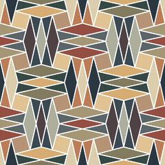 Seamless repeating pattern with a mosaic design made with a geometric composition of multicolored squares, triangles, and rhombuses. Ethnic retro style. Abstract vector illustration.