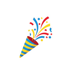 Vibrant, colorful party popper design against a bold black background.