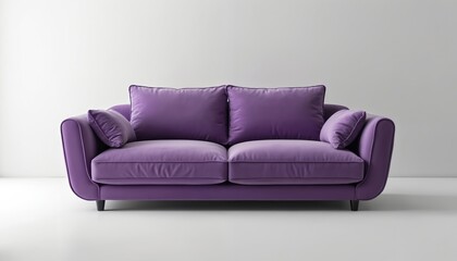 Fototapeta premium Modern purple sofa with plush cushions and elegant curves, perfect for any living room. This comfortable couch, upholstered in soft fabric, offers style and relaxation in a minimalist studio setting.