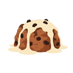 A delectable illustration of a cake-like treat, drizzled with a creamy, light-yellow glaze, showcasing the rich brown tones and studded with dark raisins.