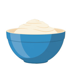 A pale cream food item sits in a glossy, vibrant blue bowl against a stark black background.