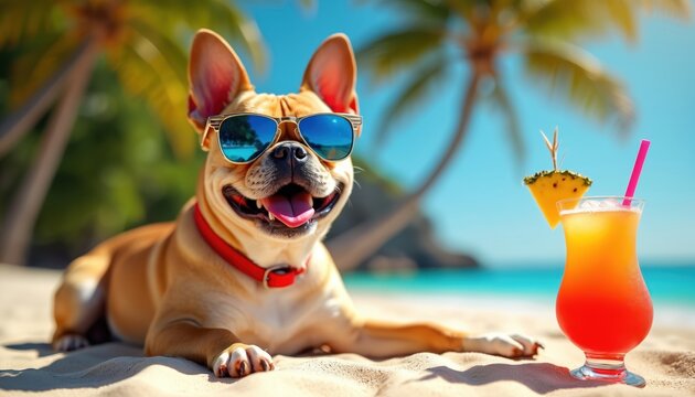 French Bulldog sports sunglasses, enjoys tropical beach vacation next to cocktail. Relaxed puppy rests on sunny sand near palm trees, ocean waves. Adorable pet celebrates summer holiday, fun travel
