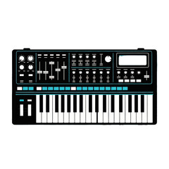 Modern electronic synthesizer keyboard with illuminated controls on a black background.