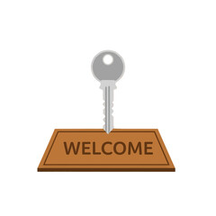 A simple, flat design illustration of a key positioned on a welcome mat against a black background.