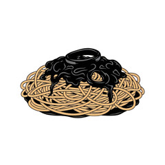 A stylized illustration of a generous heap of pasta noodles drenched in a dark, rich sauce, creating a visually appealing and appetizing image.