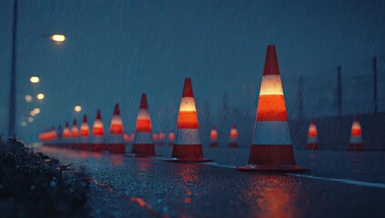 Rainy night, traffic cones on a wet road