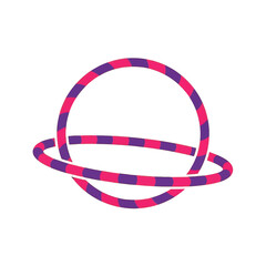 A vibrant, stylized hula hoop design, featuring a pink and purple striped pattern, creating an abstract planet-like appearance against a bold black background.