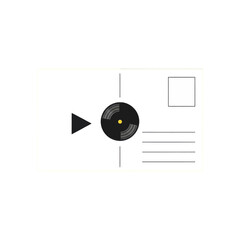 A minimalist postcard design featuring a black vinyl record and a play symbol.