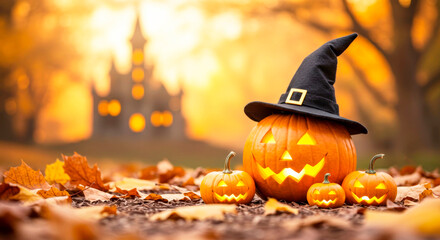 Halloween scene with glowing jack-o-lanterns surrounded by autumn leaves and a blurred castle.