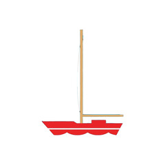 A simple, flat illustration of a red sailboat with a white sail against a black background.