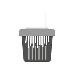 A gray paper shredder with a piece of white paper inside, showcasing shredded paper exiting the machine.