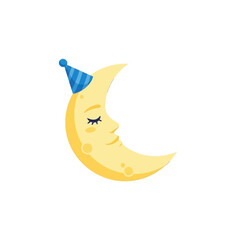 A charming illustration of a crescent moon, wearing a party hat and appearing to sleep peacefully.