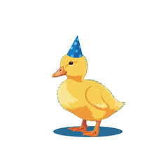 A cheerful yellow duckling wearing a blue party hat stands on a dark background.