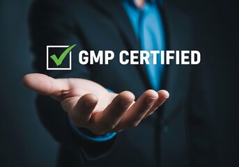 Hand presenting green checkmark gmp certification gmp certified