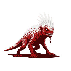 A ferocious, spiky reptile creature, colored in a vibrant red and white, stands menacingly against a stark black backdrop.