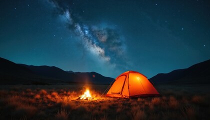 Night camping scene. Orange tent glows warmly beside crackling campfire in open field under vast star-filled sky, Milky Way. Mountains form dark silhouette on horizon. Peaceful wilderness adventure.
