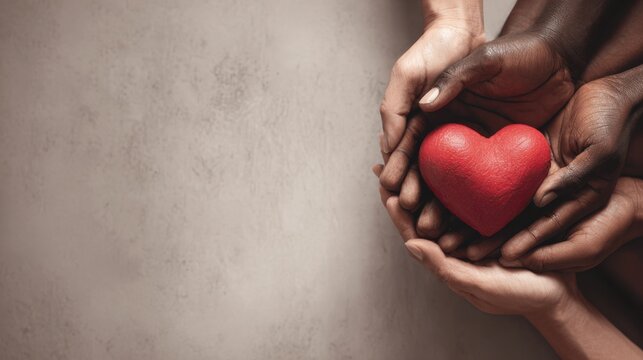 Hands reaching together with symbolic red heart shape, concept of collective donation and kindness for Giving Tuesday support